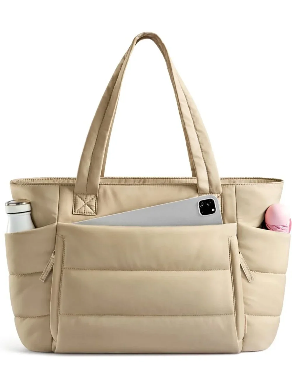 👜Women's Light Khaki Quilted Puffer Tote Bag Zipper Work Bag With Compartments